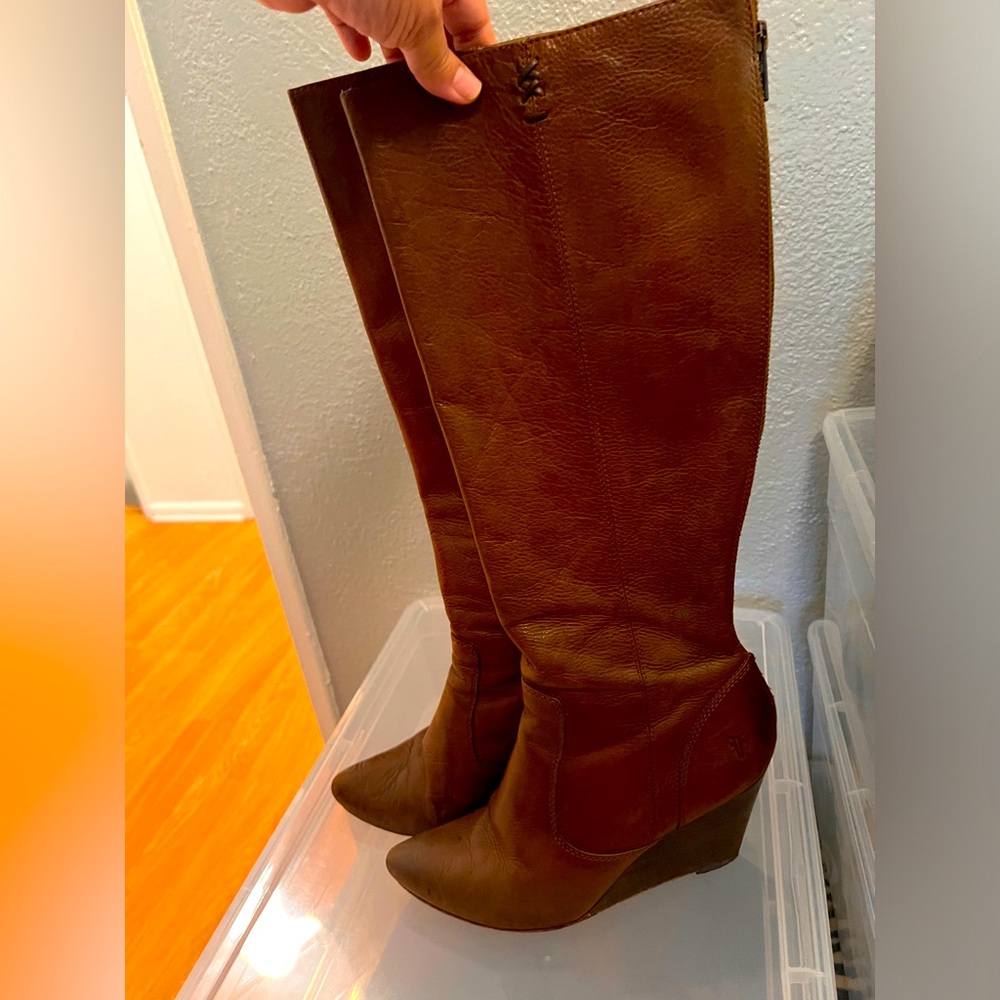 Frye Regina Tall Boots. Back zip, leather, size 9.